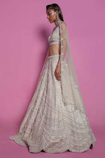 Mala And Kinnary_Beige Dupatta Organza, Taffeta Silk Mother Of Embroidered Bridal Lehenga Set_Online_at_Aza_Fashions