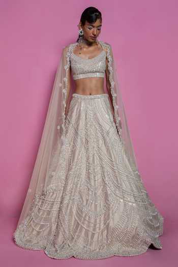 Buy_Mala And Kinnary_Beige Dupatta Organza, Taffeta Silk Mother Of Embroidered Bridal Lehenga Set_Online_at_Aza_Fashions