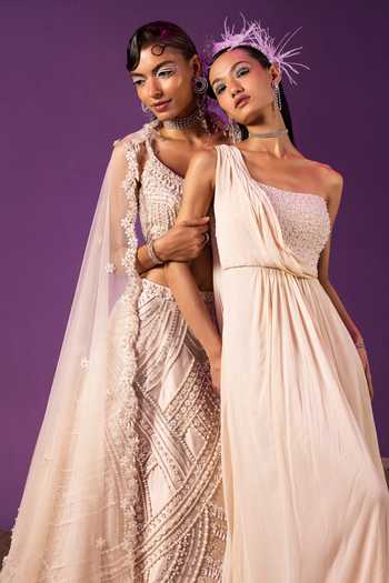 Shop_Mala And Kinnary_Beige Dupatta Organza, Taffeta Silk Mother Of Embroidered Bridal Lehenga Set_Online_at_Aza_Fashions