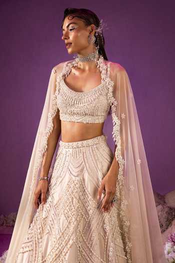 Mala And Kinnary_Beige Dupatta Organza, Taffeta Silk Mother Of Embroidered Bridal Lehenga Set_at_Aza_Fashions