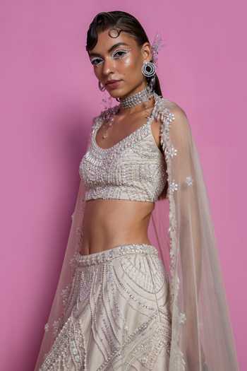 Buy_Mala And Kinnary_Beige Dupatta Organza, Taffeta Silk Mother Of Embroidered Bridal Lehenga Set