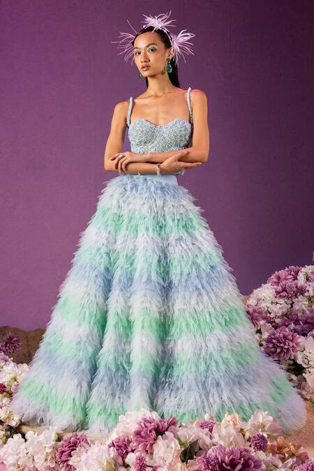 Mala And Kinnary_Blue Net Sequin, Bead And Pearl Work Sweetheart Ombre Tiered Lehenga & Corset Set_Online_at_Aza_Fashions