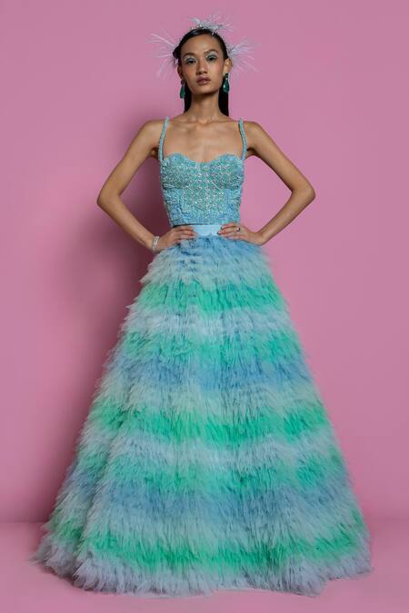 Buy_Mala And Kinnary_Blue Net Sequin, Bead And Pearl Work Sweetheart Ombre Tiered Lehenga & Corset Set_Online_at_Aza_Fashions