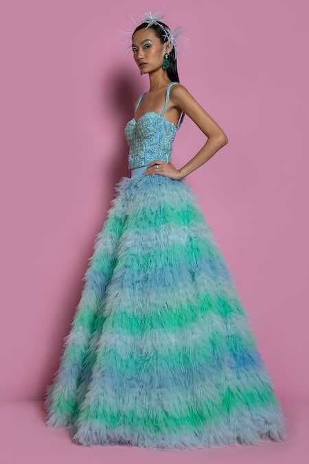 Shop_Mala And Kinnary_Blue Net Sequin, Bead And Pearl Work Sweetheart Ombre Tiered Lehenga & Corset Set_Online_at_Aza_Fashions