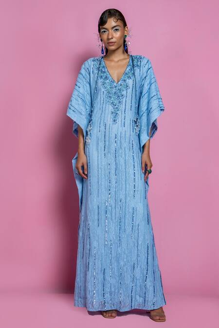 Mala And Kinnary_Blue Net, Chantilly Sequin, Bead And Cutdana Work Floral Lace Embroidered Kaftan_Online_at_Aza_Fashions
