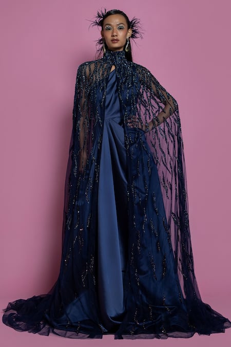 Mala and Kinnary Blue Gown Satin Embroidered Bead And Cutdana Work Gown One With Cape   3