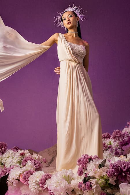 Mala And Kinnary_White 100% Cotton Embroidered Pearl And Bead Work One Saree Gown  _Online_at_Aza_Fashions