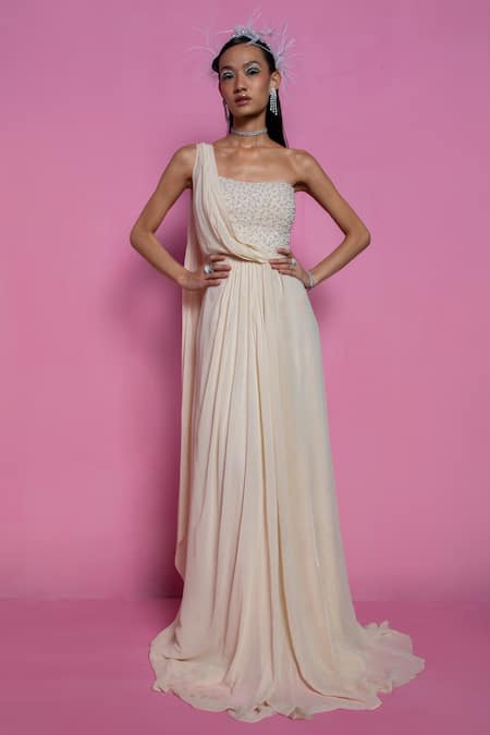 Buy_Mala And Kinnary_White 100% Cotton Embroidered Pearl And Bead Work One Saree Gown  _Online_at_Aza_Fashions