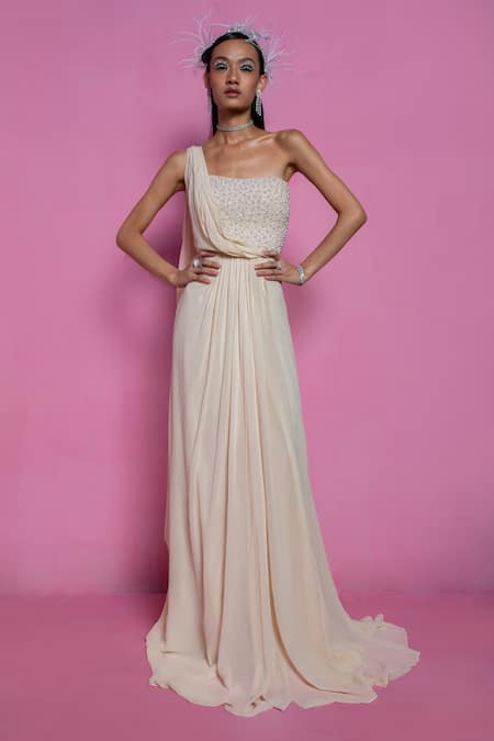 Shop_Mala And Kinnary_White 100% Cotton Embroidered Pearl And Bead Work One Saree Gown  _Online_at_Aza_Fashions