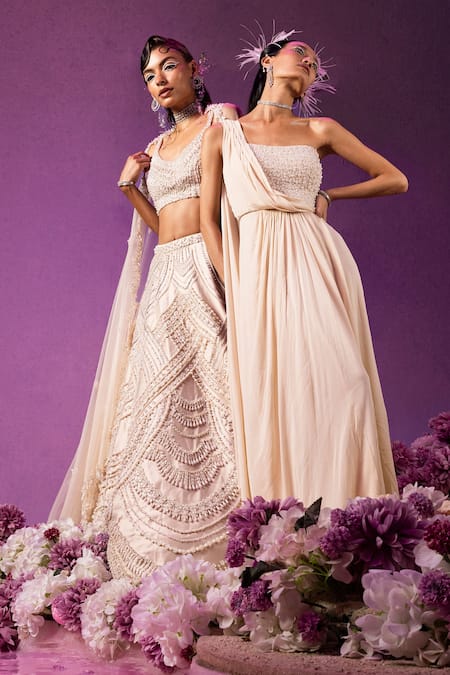 Mala And Kinnary_White 100% Cotton Embroidered Pearl And Bead Work One Saree Gown  _at_Aza_Fashions