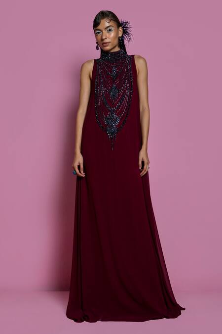 Mala And Kinnary_Maroon Georgette Crystal, Bead, Sequin And Cutdana Beetroot Embroidered Tent Gown_Online_at_Aza_Fashions