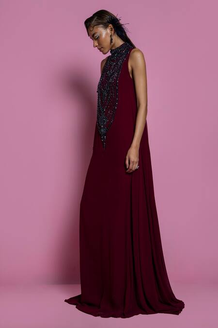 Buy_Mala And Kinnary_Maroon Georgette Crystal, Bead, Sequin And Cutdana Beetroot Embroidered Tent Gown_Online_at_Aza_Fashions