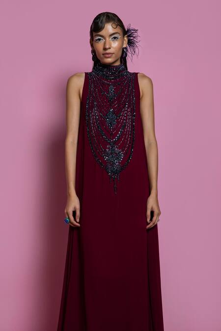 Shop_Mala And Kinnary_Maroon Georgette Crystal, Bead, Sequin And Cutdana Beetroot Embroidered Tent Gown_Online_at_Aza_Fashions