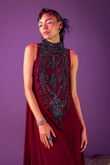 Mala And Kinnary_Maroon Georgette Crystal, Bead, Sequin And Cutdana Beetroot Embroidered Tent Gown_at_Aza_Fashions