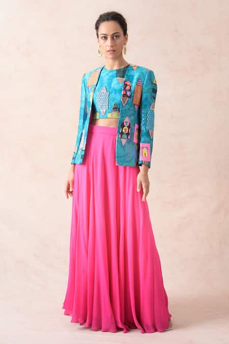 Thetaa Sky Blue Chanderi , Sequins Printed Embroidered Jacket And Lehenga Set Online at Aza Fashions Thetaa_Sky Blue Chanderi , Sequins Printed Embroidered Jacket And Lehenga Set _Online_at_Aza_Fashions