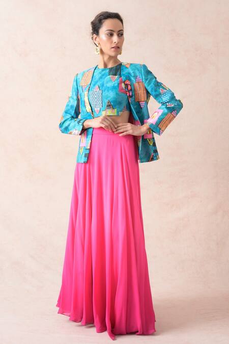 Buy Thetaa Sky Blue Chanderi , Sequins Printed Embroidered Jacket And Lehenga Set Online at Aza Fashions Buy_Thetaa_Sky Blue Chanderi , Sequins Printed Embroidered Jacket And Lehenga Set _Online_at_Aza_Fashions