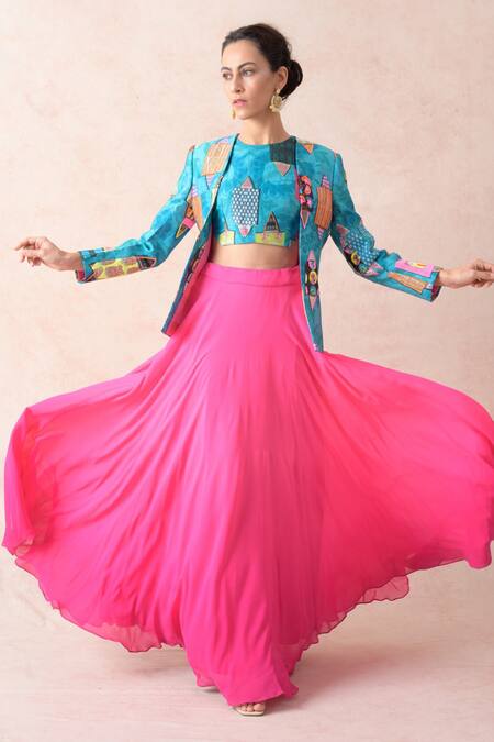 Shop Thetaa Sky Blue Chanderi , Sequins Printed Embroidered Jacket And Lehenga Set Online at Aza Fashions Shop_Thetaa_Sky Blue Chanderi , Sequins Printed Embroidered Jacket And Lehenga Set _Online_at_Aza_Fashions