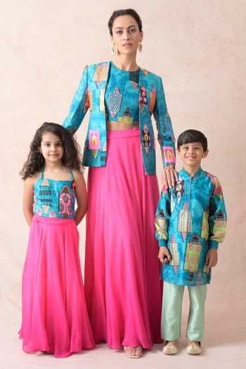 Thetaa_Blue Chanderi , Organza, Halter Neck Embellished Blouse Lehenga Set _Online_at_Aza_Fashions