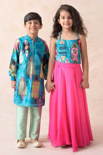 Buy_Thetaa_Blue Chanderi , Organza, Halter Neck Embellished Blouse Lehenga Set _Online_at_Aza_Fashions