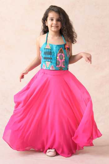 Shop_Thetaa_Blue Chanderi , Organza, Halter Neck Embellished Blouse Lehenga Set _Online_at_Aza_Fashions