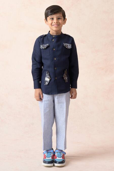 Thetaa_Blue Linen, Lycra Embroidery, Sequins Solid Shirt With Stripe Pattern Pant_Online_at_Aza_Fashions