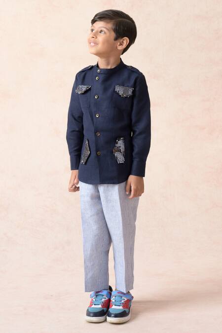 Buy_Thetaa_Blue Linen, Lycra Embroidery, Sequins Solid Shirt With Stripe Pattern Pant_Online_at_Aza_Fashions