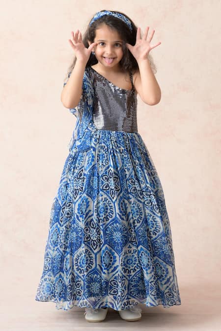 Thetaa_Blue Polyester, Lycra, Viscose Sequins, Embroidery Embellished Fit And Flare Dress _Online_at_Aza_Fashions