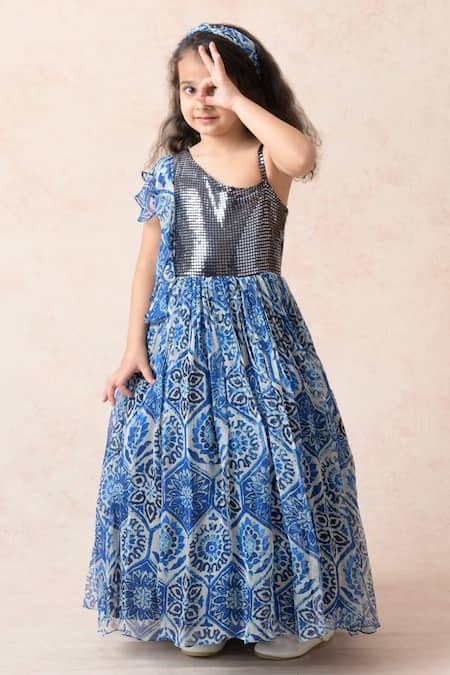 Buy_Thetaa_Blue Polyester, Lycra, Viscose Sequins, Embroidery Embellished Fit And Flare Dress _Online_at_Aza_Fashions
