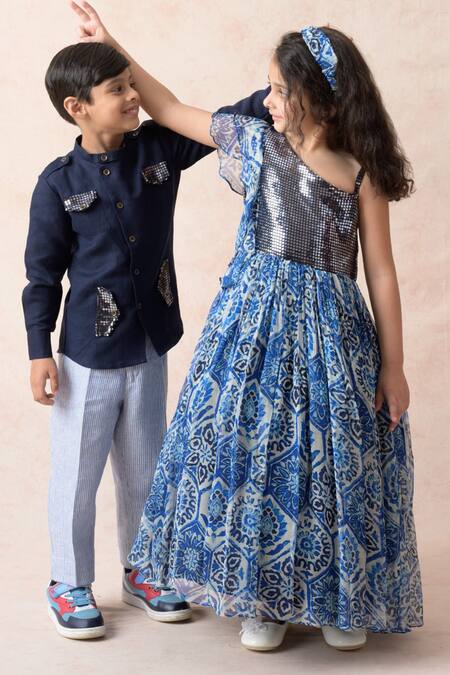 Shop_Thetaa_Blue Linen, Lycra Embroidery, Sequins Solid Shirt With Stripe Pattern Pant_Online_at_Aza_Fashions