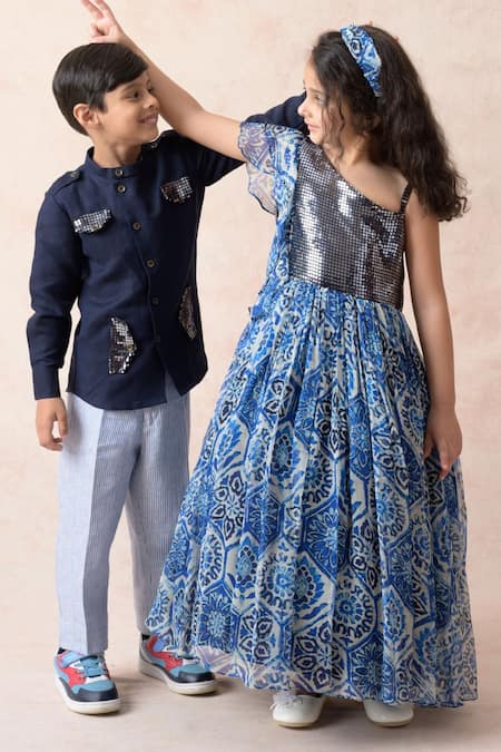 Shop_Thetaa_Blue Polyester, Lycra, Viscose Sequins, Embroidery Embellished Fit And Flare Dress _Online_at_Aza_Fashions