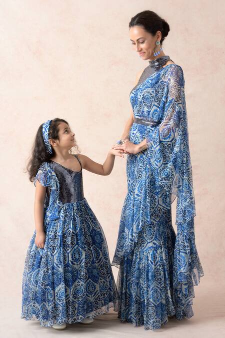 Thetaa Blue Lycra, Viscose, Polyester, Printed Pre-draped Ruffle Saree With Blouse Online at Aza Fashions Thetaa_Blue Lycra, Viscose, Polyester, Printed Pre-draped Ruffle Saree With Blouse _Online_at_Aza_Fashions