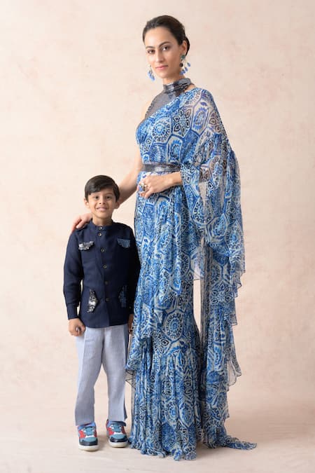 Buy Thetaa Blue Lycra, Viscose, Polyester, Printed Pre-draped Ruffle Saree With Blouse Online at Aza Fashions Buy_Thetaa_Blue Lycra, Viscose, Polyester, Printed Pre-draped Ruffle Saree With Blouse _Online_at_Aza_Fashions