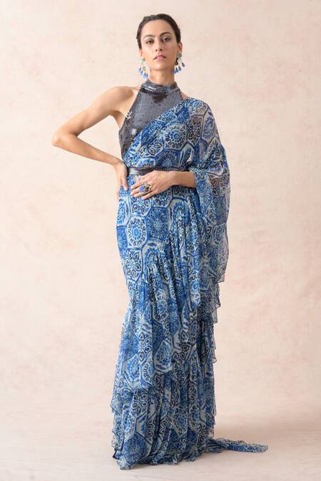Thetaa Blue Lycra, Viscose, Polyester, Printed Pre-draped Ruffle Saree With Blouse at Aza Fashions Thetaa_Blue Lycra, Viscose, Polyester, Printed Pre-draped Ruffle Saree With Blouse _at_Aza_Fashions