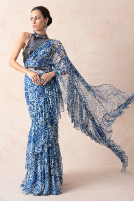 Buy Thetaa Blue Lycra, Viscose, Polyester, Printed Pre-draped Ruffle Saree With Blouse Buy_Thetaa_Blue Lycra, Viscose, Polyester, Printed Pre-draped Ruffle Saree With Blouse