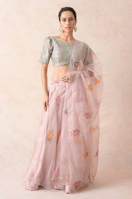 Thetaa_Pink Chanderi , Organza, Cotton Floral Hand Painted Lehenga Set _Online_at_Aza_Fashions