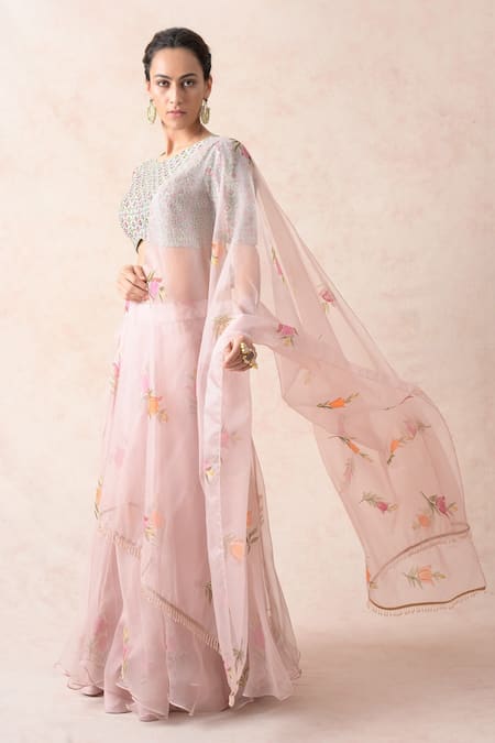 Buy_Thetaa_Pink Chanderi , Organza, Cotton Floral Hand Painted Lehenga Set _Online_at_Aza_Fashions