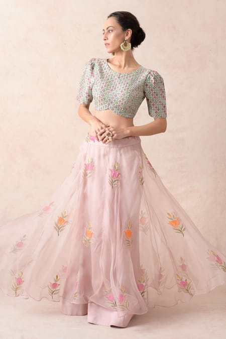 Shop_Thetaa_Pink Chanderi , Organza, Cotton Floral Hand Painted Lehenga Set _Online_at_Aza_Fashions