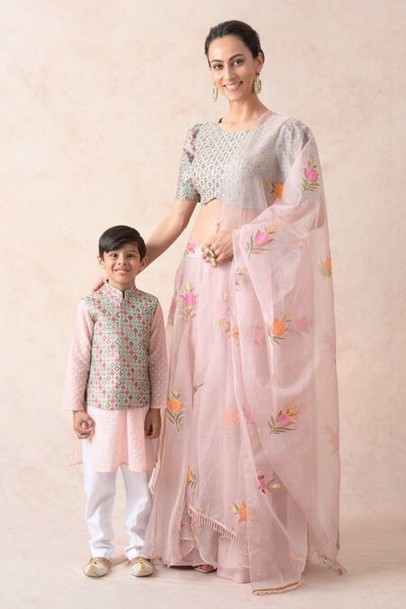 Buy_Thetaa_Pink Chanderi , Organza, Cotton Floral Hand Painted Lehenga Set 