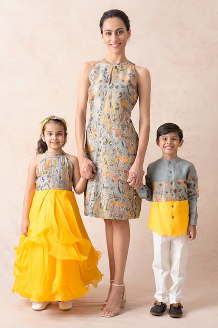 Buy_Thetaa_Grey Chanderi , Organza, Viscose Embroidery Garden Print Flared Gown _Online_at_Aza_Fashions