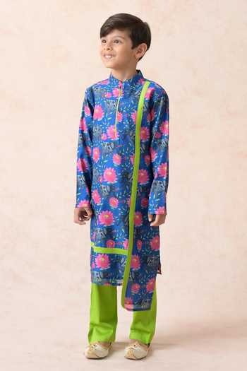 Buy_Thetaa_Blue Cotton, Polyester Embroidery Lotus Print Kurta With Pant _Online_at_Aza_Fashions