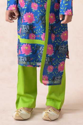 Thetaa_Blue Cotton, Polyester Embroidery Lotus Print Kurta With Pant _at_Aza_Fashions