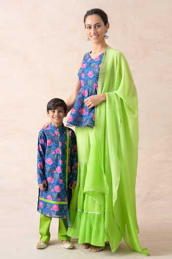 Shop_Thetaa_Blue Cotton, Polyester Embroidery Lotus Print Kurta With Pant _Online_at_Aza_Fashions