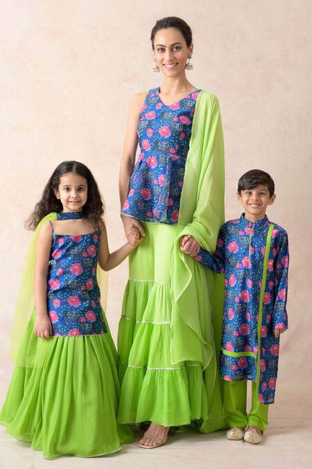 Thetaa Blue Silk, Cotton, Polyester, Georgette Floral Print Peplum Kurta Gharara Set Online at Aza Fashions Thetaa_Blue Silk, Cotton, Polyester, Georgette Floral Print Peplum Kurta Gharara Set _Online_at_Aza_Fashions