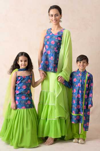 Thetaa_Blue Cotton, Silk, Polyester, Net, Strappy Lotus Print Kurta Lehenga Set _Online_at_Aza_Fashions