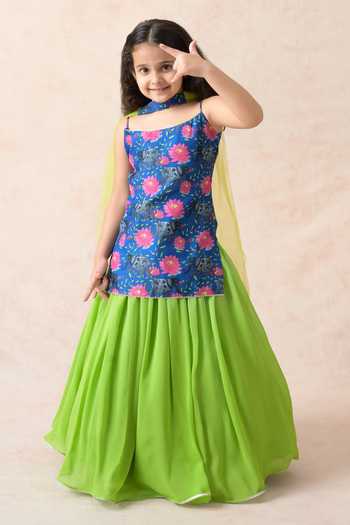 Buy_Thetaa_Blue Cotton, Silk, Polyester, Net, Strappy Lotus Print Kurta Lehenga Set _Online_at_Aza_Fashions