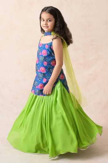 Shop_Thetaa_Blue Cotton, Silk, Polyester, Net, Strappy Lotus Print Kurta Lehenga Set _Online_at_Aza_Fashions