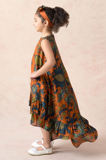 Shop_Thetaa_Orange Chanderi Silk, Satin Blooming Floral Print High Low Dress _Online_at_Aza_Fashions