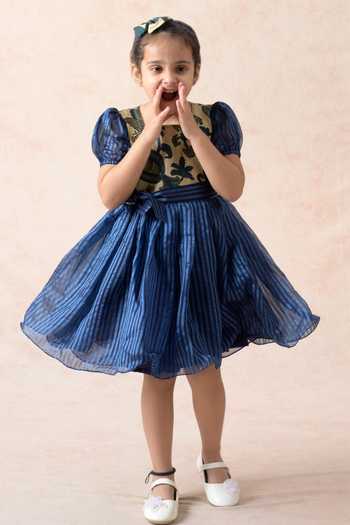 Thetaa_Beige Chanderi Silk, Organza, Cotton Embroidery Stripe Pattern Flared Dress _Online_at_Aza_Fashions