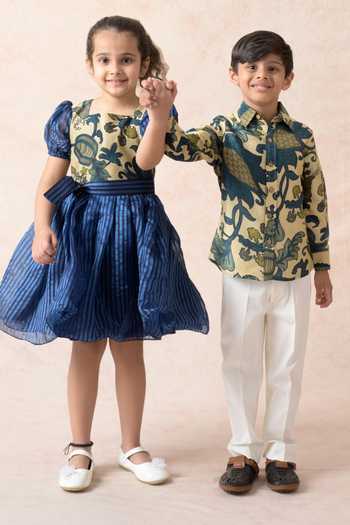 Buy_Thetaa_Beige Chanderi Silk, Organza, Cotton Embroidery Stripe Pattern Flared Dress _Online_at_Aza_Fashions