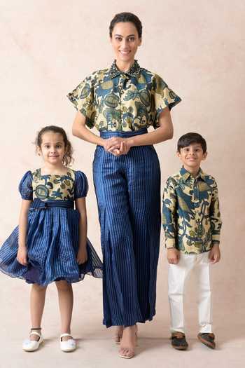 Shop_Thetaa_Beige Chanderi Silk, Organza, Cotton Embroidery Stripe Pattern Flared Dress _Online_at_Aza_Fashions